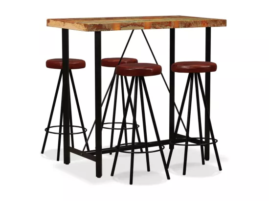 Ensemble de bar 5 pcs Bois massif recyclé et cuir véritable