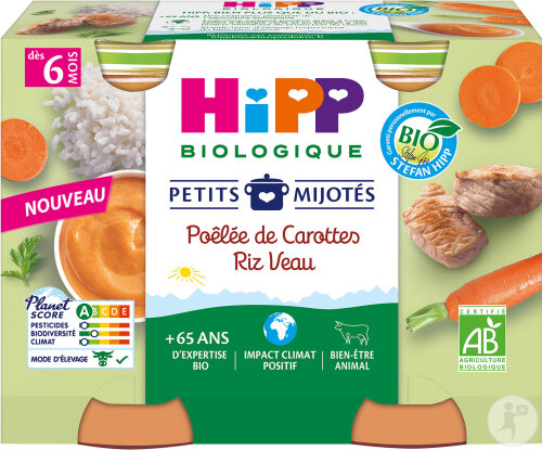 HiPP Biologique Petits Mijotés Poêlée De Carottes Riz Veau Dès 6 Mois Pots 2x190g