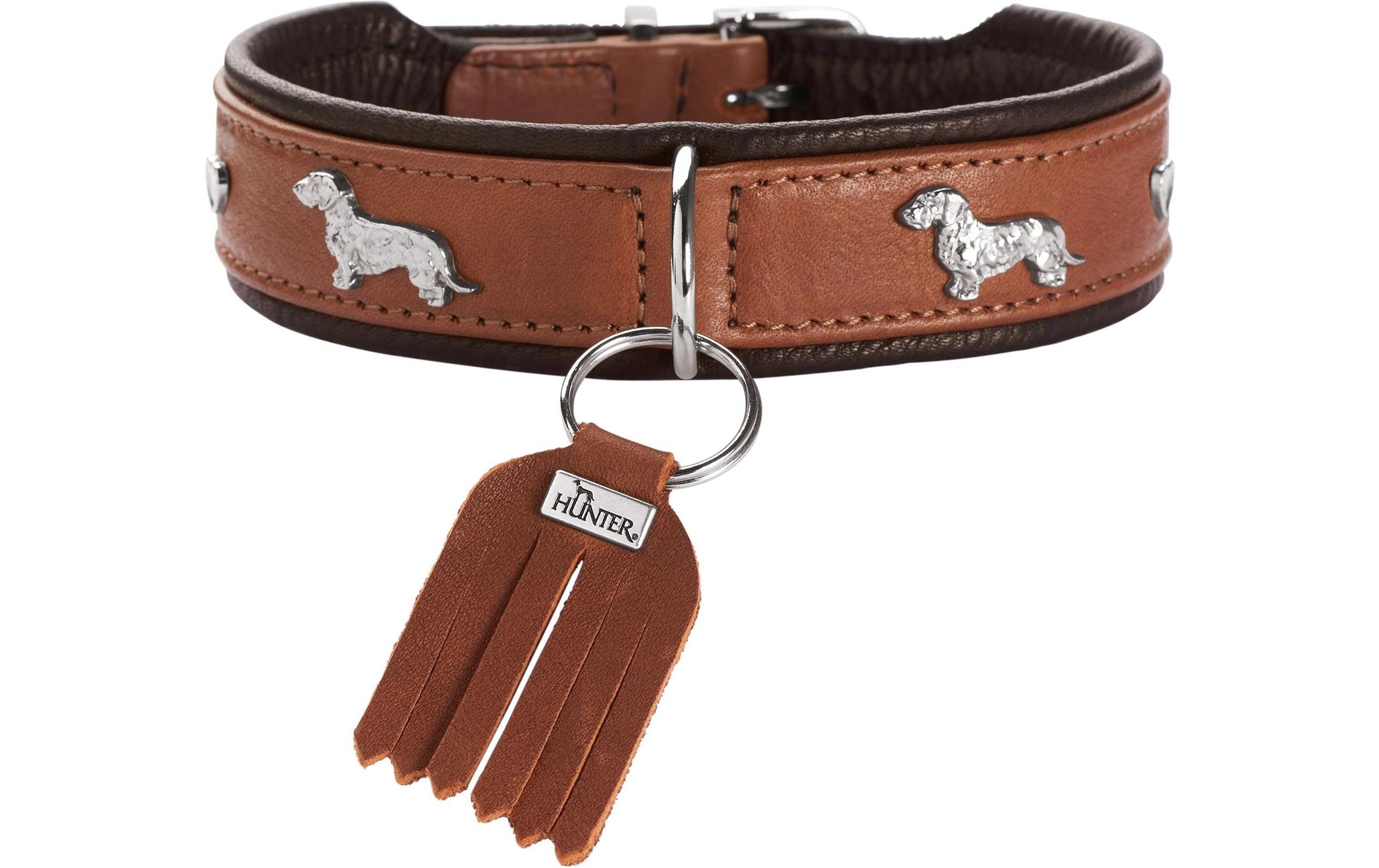 Teckel-Halsband München 32/XS, Rindsleder, Cognac/SchwarzKlassisches Halsband für Hunde mit auffälligen Dackel-Besätzen