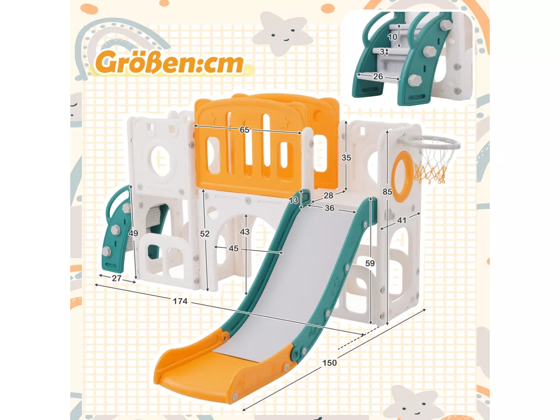 Toboggan 6 en 1 en PEHD pour enfant, avec plate-forme, escalier, 2 zondes de rangement, arcade, panier de basket, vert
