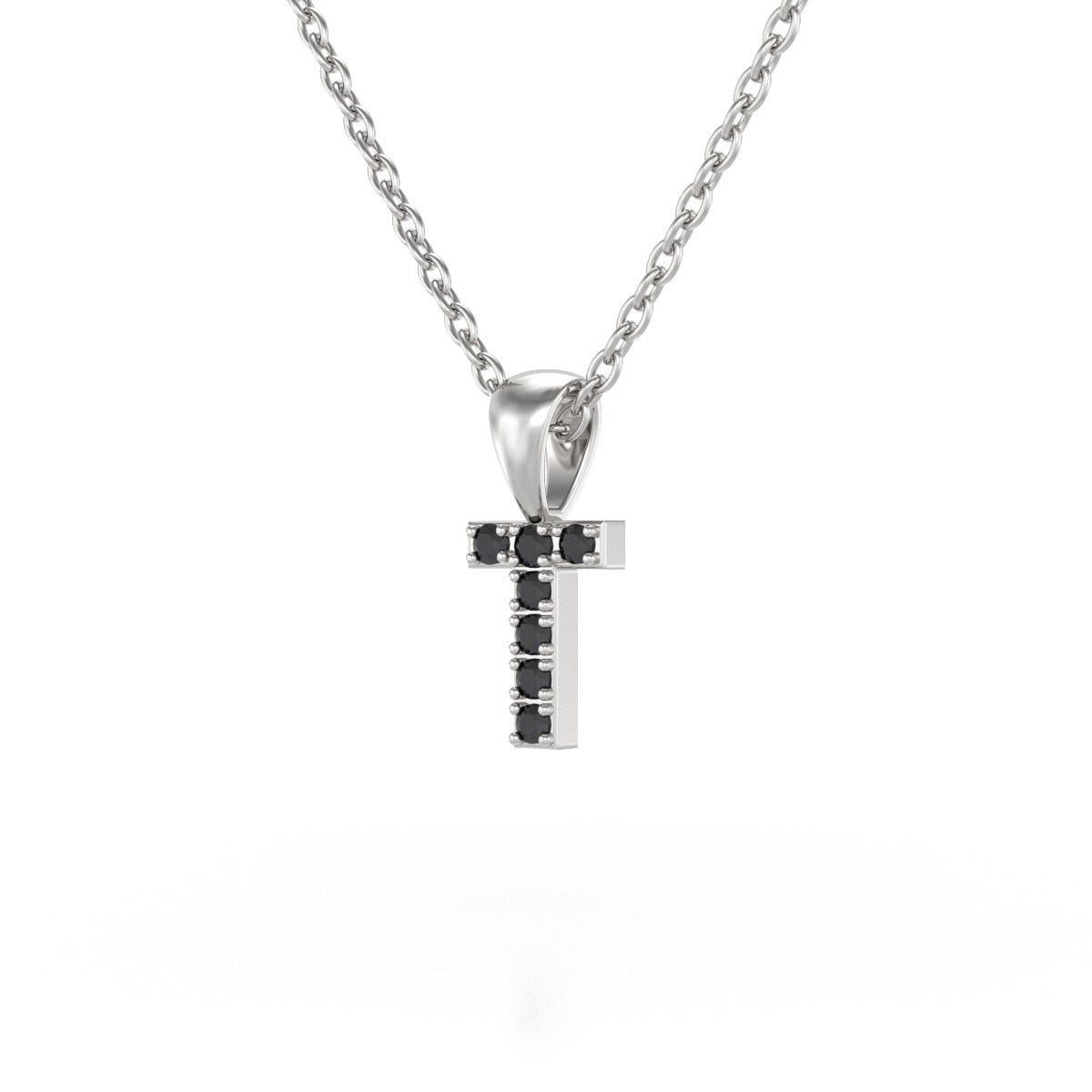 Collier Pendentif ADEN Lettre T Or 750 Blanc Diamant Noir Chaine Or 750 incluse 0.72grs