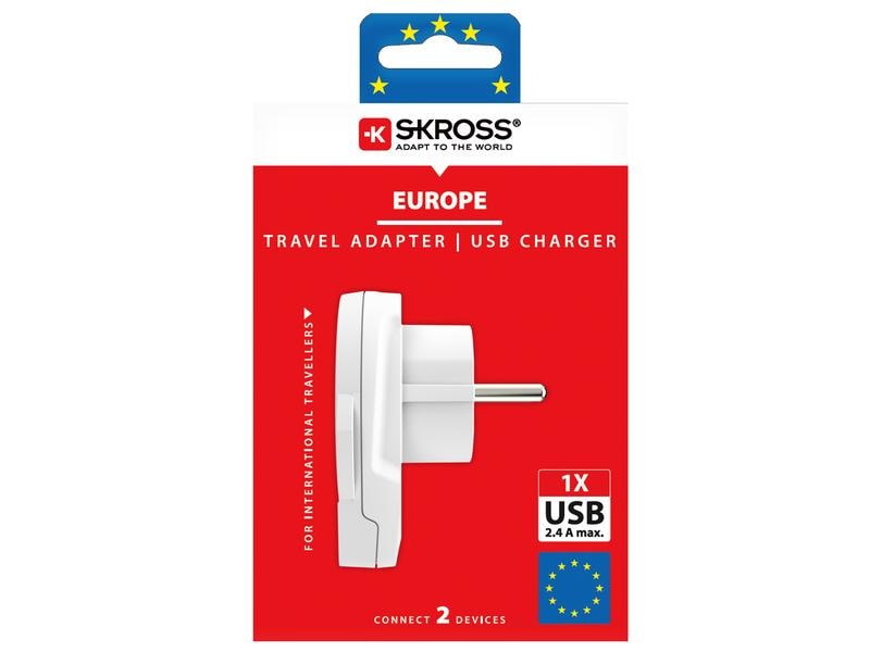 SKROSS Reiseadapter World – EU mit USB Ladegerät Kompakter Reisestecker World zu Europa mit USB Ladeanschluss
