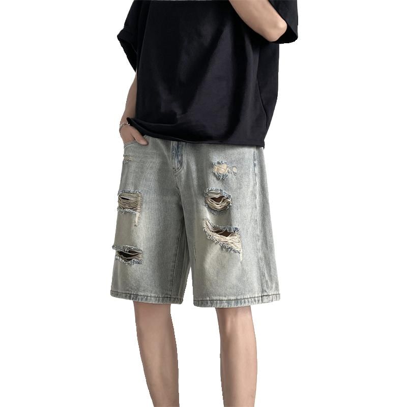 Lorencho - Mid Rise Distressed Washed Denim Shorts