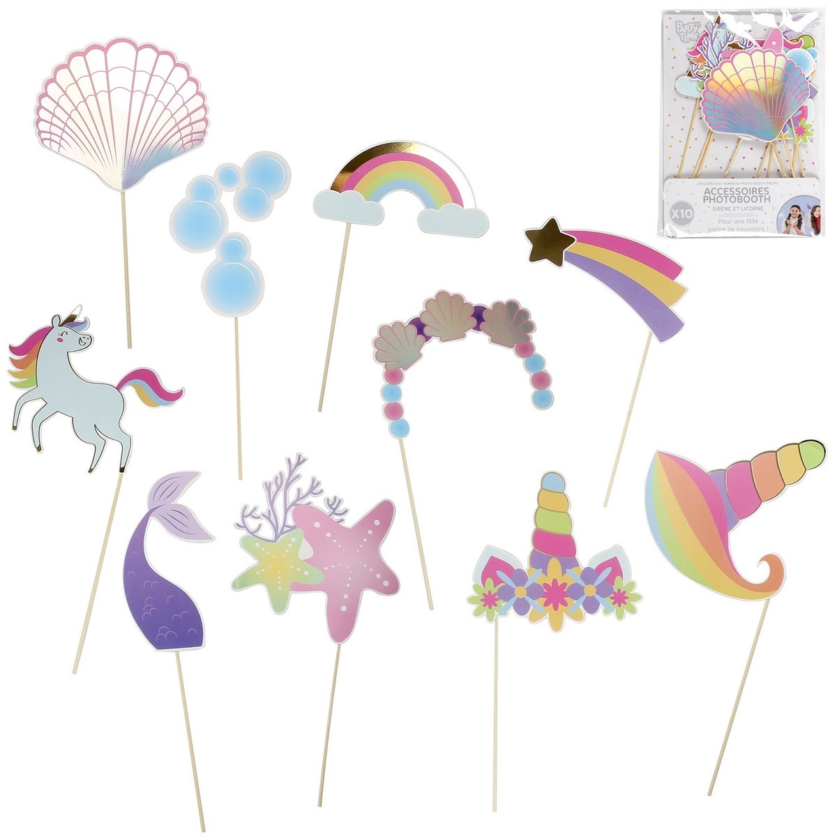 10 accessoires Photobooth Sirène et Licorne
