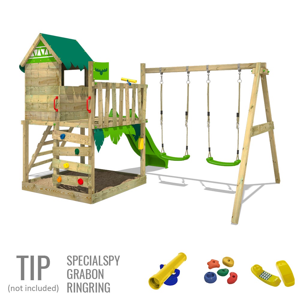 FATMOOSE JazzyJungle Speeltoren Klimrek met Schommel en Glijbaan, Speelhuis met Zandbak, Ladder en Speelaccessoires - Appelgroen