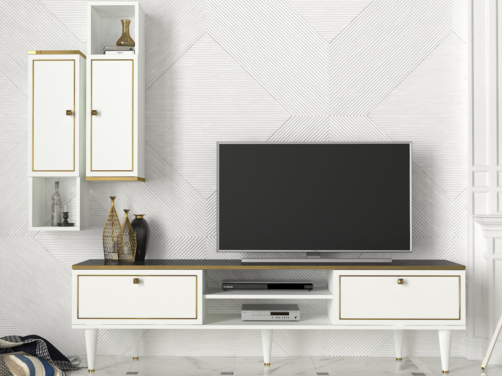 3-teilige Wohnwand - weiß-gold - Marmor-Optik - 180 cm