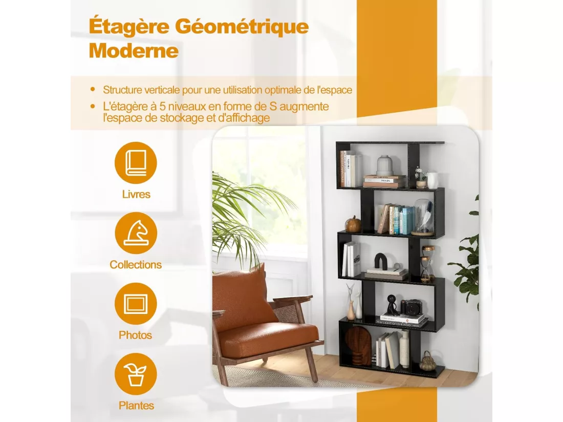 Bibliothèque en Forme de S, Étagère à 5 Niveaux, Meuble de Rangement avec Anti-basculement, 70 x 23,5 x 158 cm, pour Salon, Chambre, Bureau, Noir