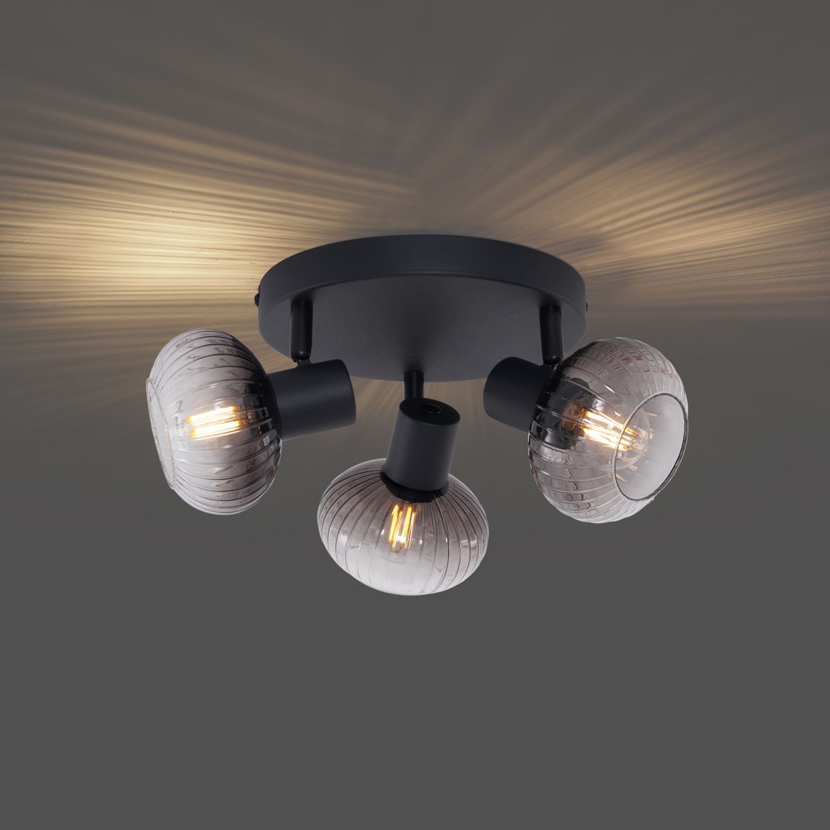 Moderne plafondspot zwart met smoke glas rond 3-lichts - Teddy
