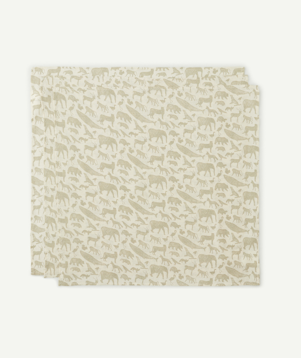 JOLLEINLOT DE 3 LANGES 70x70 CM EN GAZE DE COTON IMPRIMÉ ANIMAUX VERT OLIVE