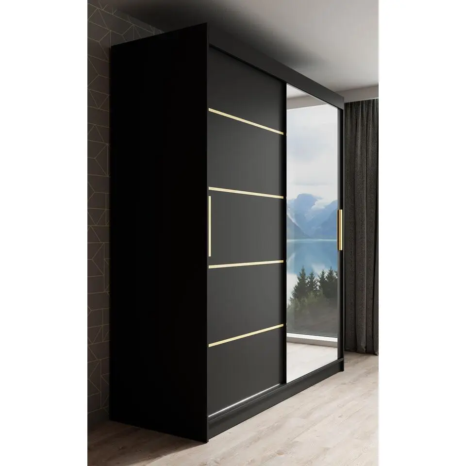 Meubella - Kledingkast Malavi 2 - Zwart - 180 cm - Met spiegel