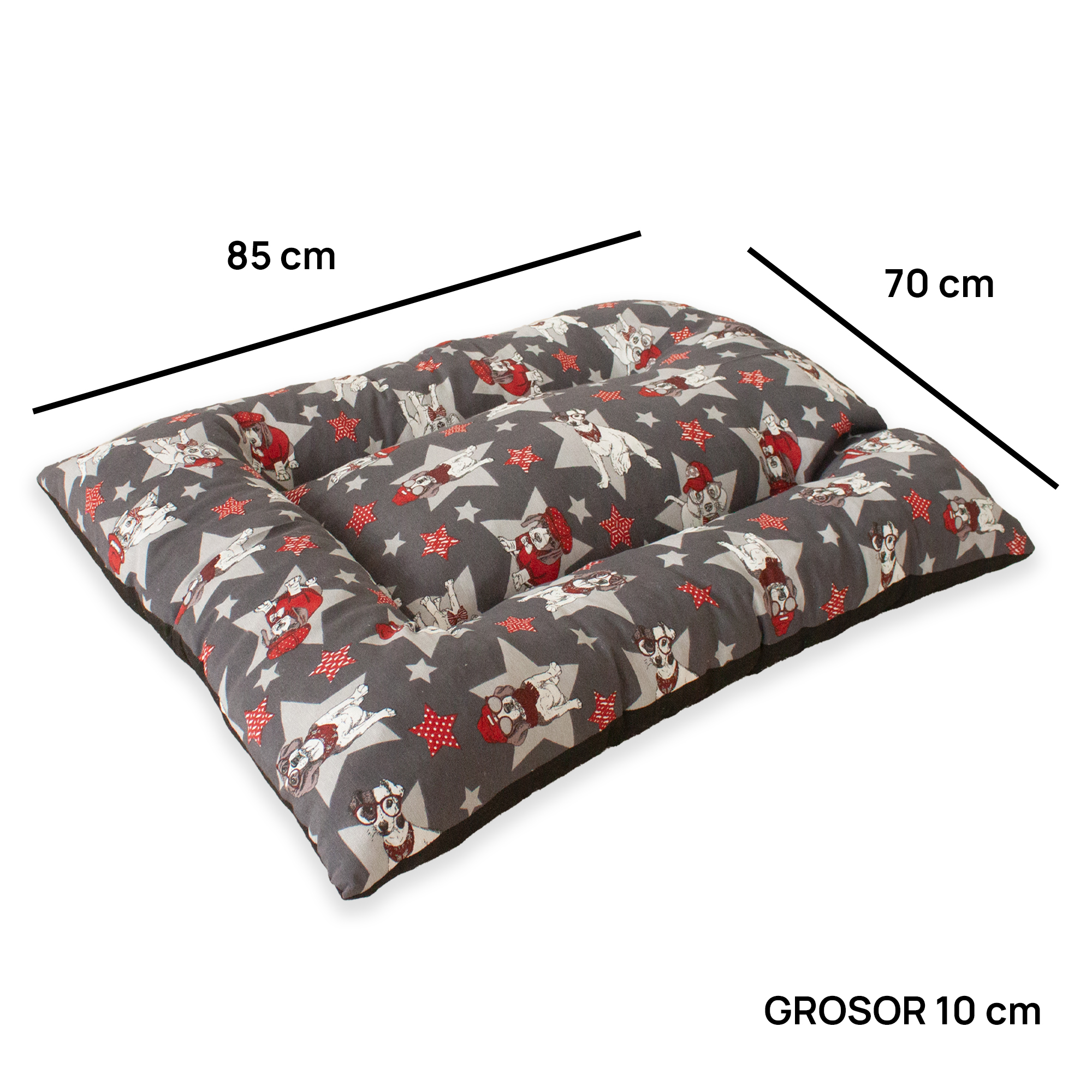 Almofada grande acolchoada para animais de estimação. Cinza com cachorrinhos e estrelas vermelhas. 85x70x10 cm