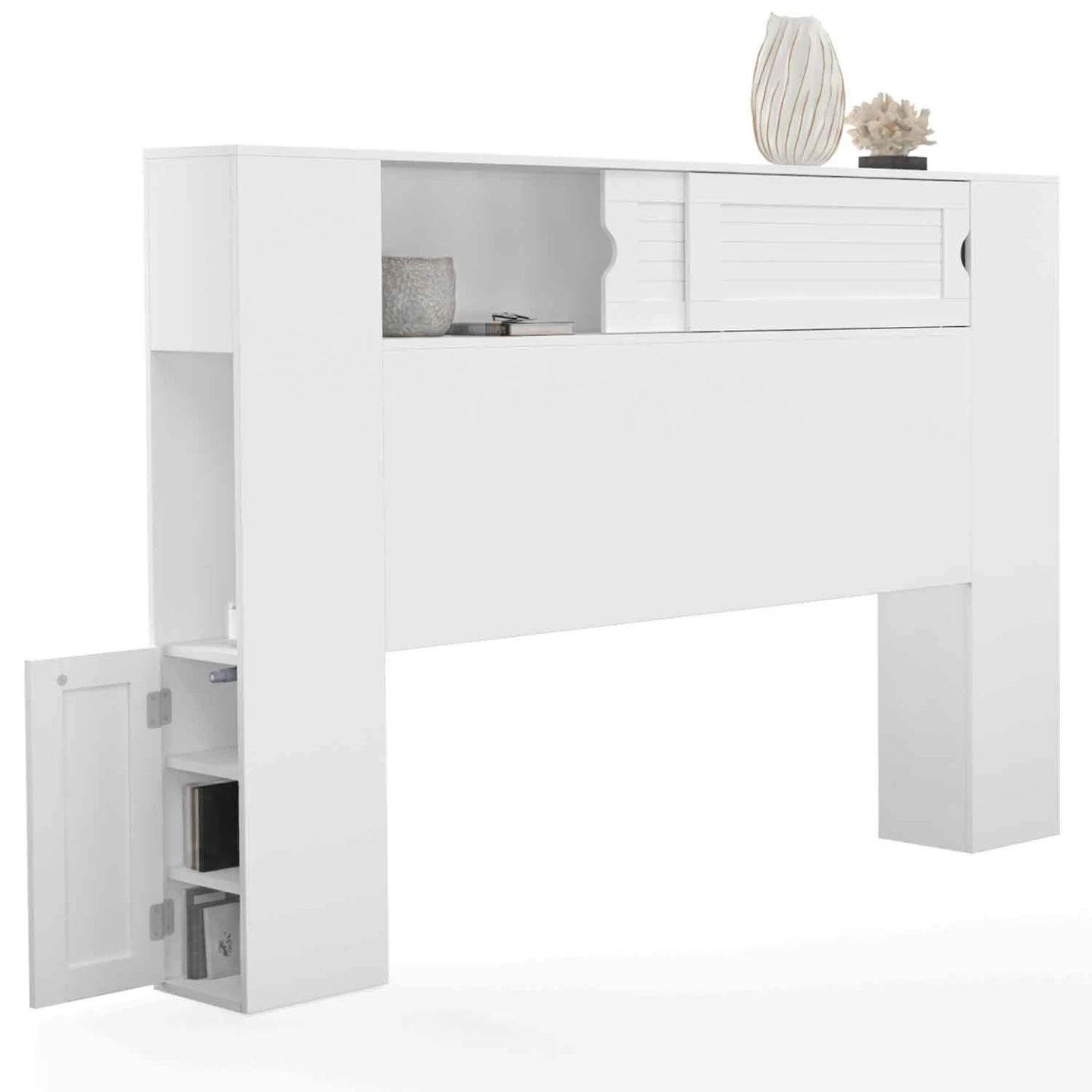 Tête de lit sur pied SALEM 145 cm avec rangements fermés et niches blanc