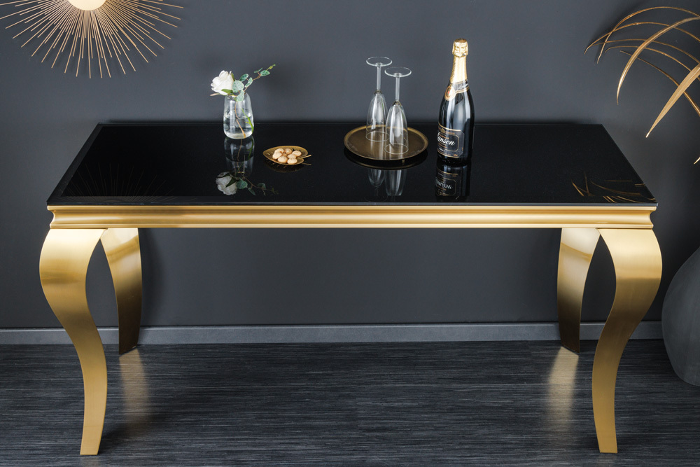 Eleganter Konsolentisch MODERN BAROCK 145cm schwarz gold Opalglas Edelstahlbeine