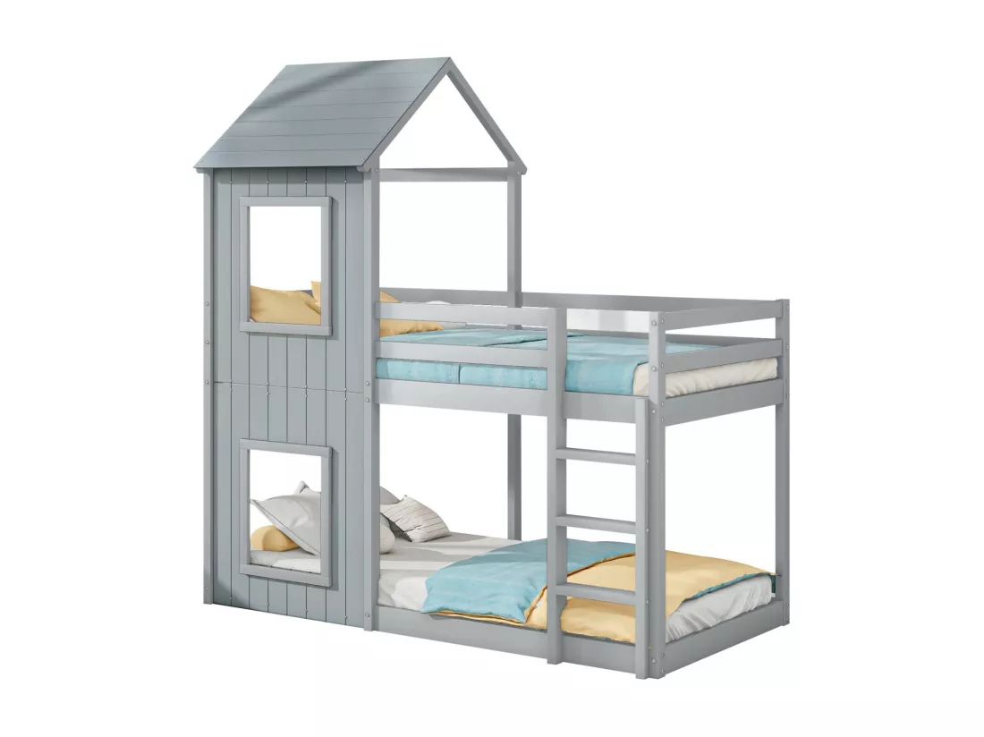 Lits superposés cabane 90x200cm, Pin, avec balustrade de sécurité, charge max 120kg, Gris