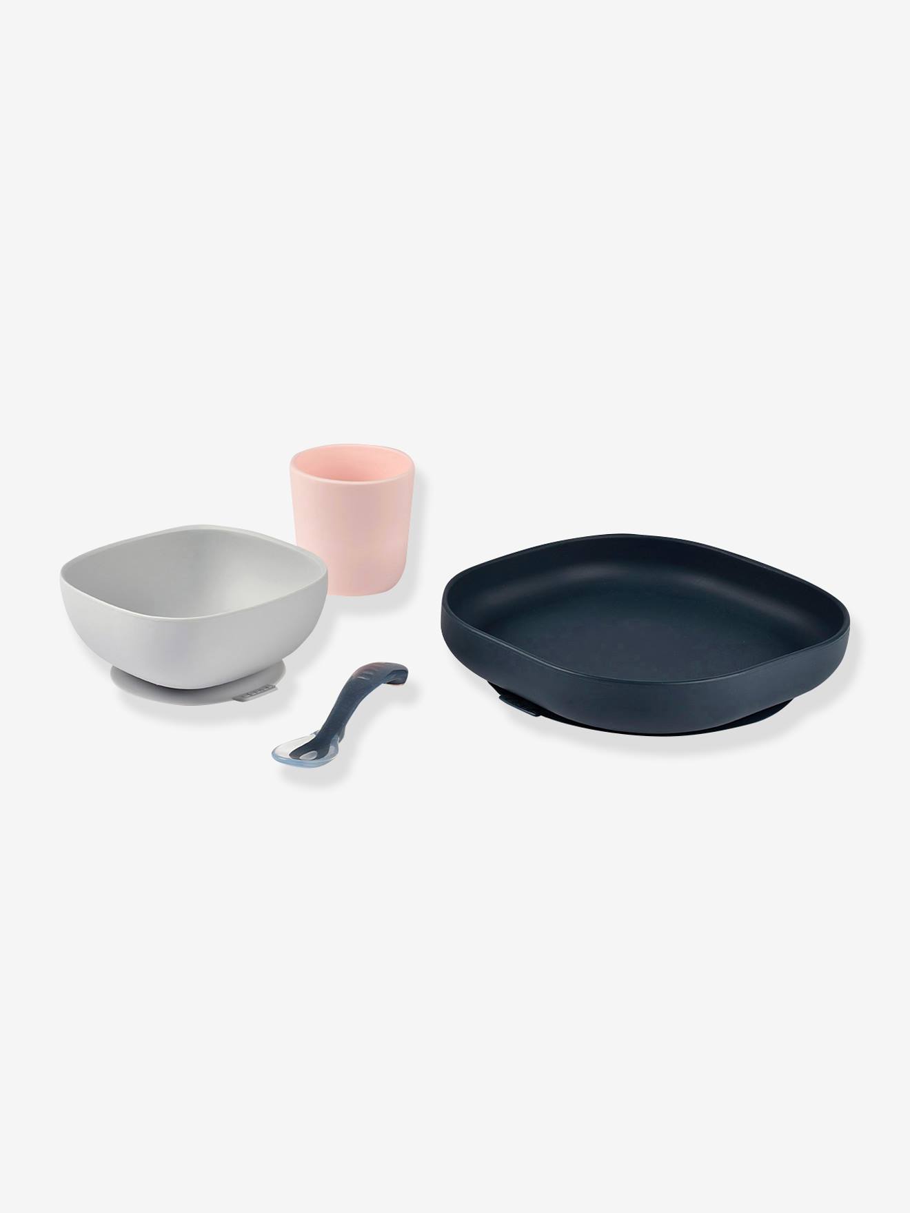 Conjunto de jantar de silicone BEABA com 4 peças, rosa claro, bicolor/multicolorido