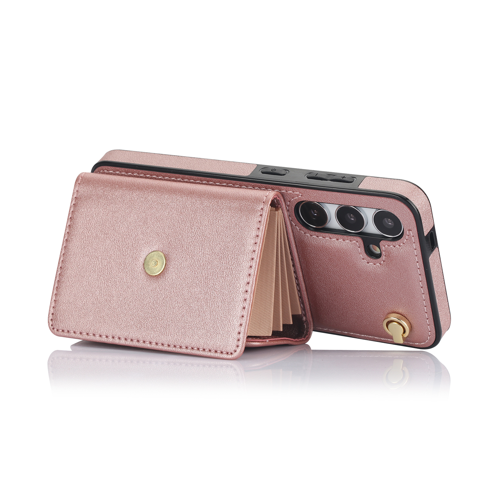 Samsung Galaxy S24 Necklace Leder Schutz Hülle mit Kartenfach   Handykette (140cm) - Roségold