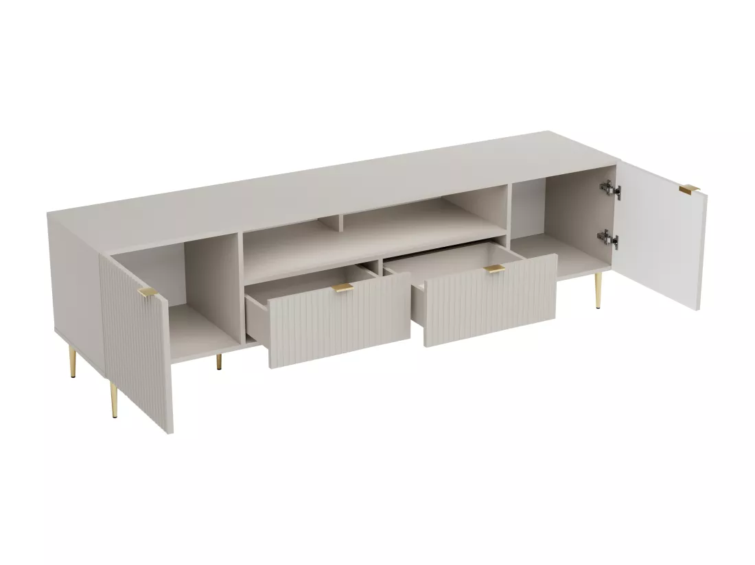 Meuble TV avec 2 portes, 2 tiroirs et 2 niches en MDF et acier - Beige et Doré - YESINIA