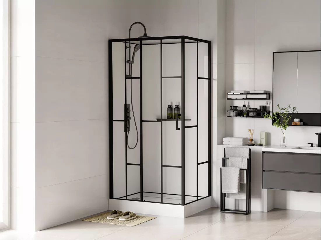 Cabine de douche rectangulaire sérigraphiée - Installation réversible - Blanc et Noir mat - L110 x l80 x H225 cm - GAVILA