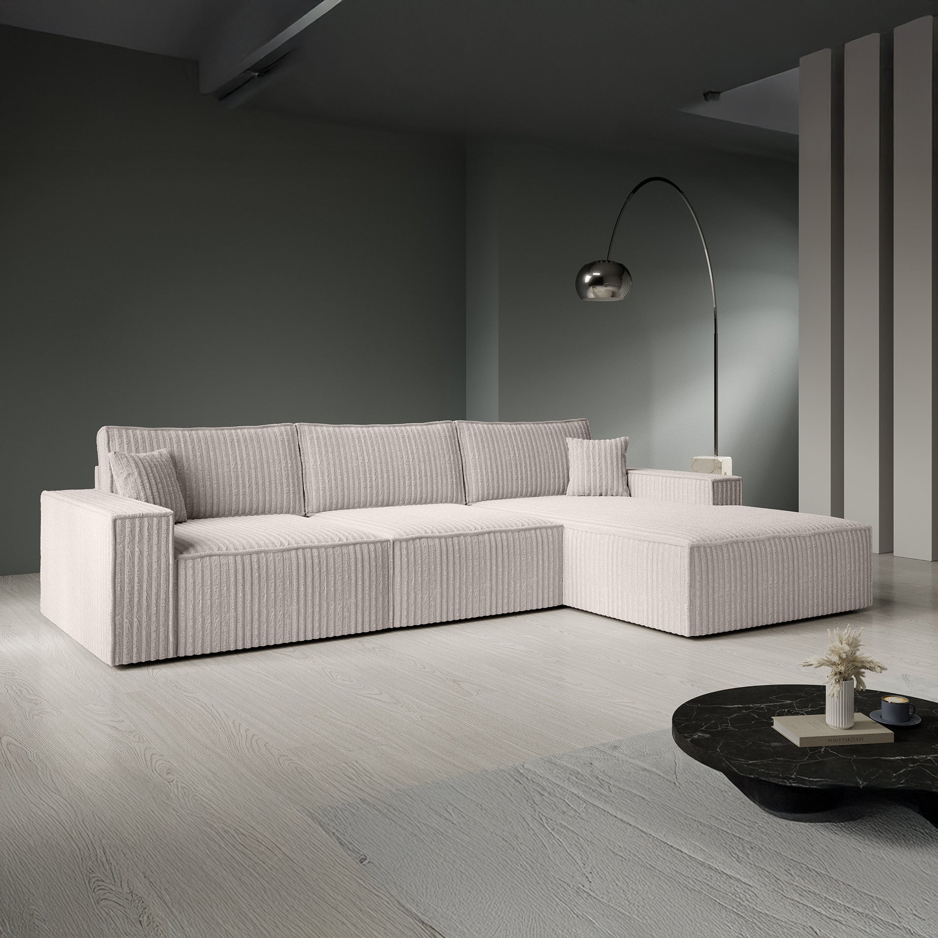Manolo - Hoekbank 3-zits met chaise longue - Ribstof beige - Rechts