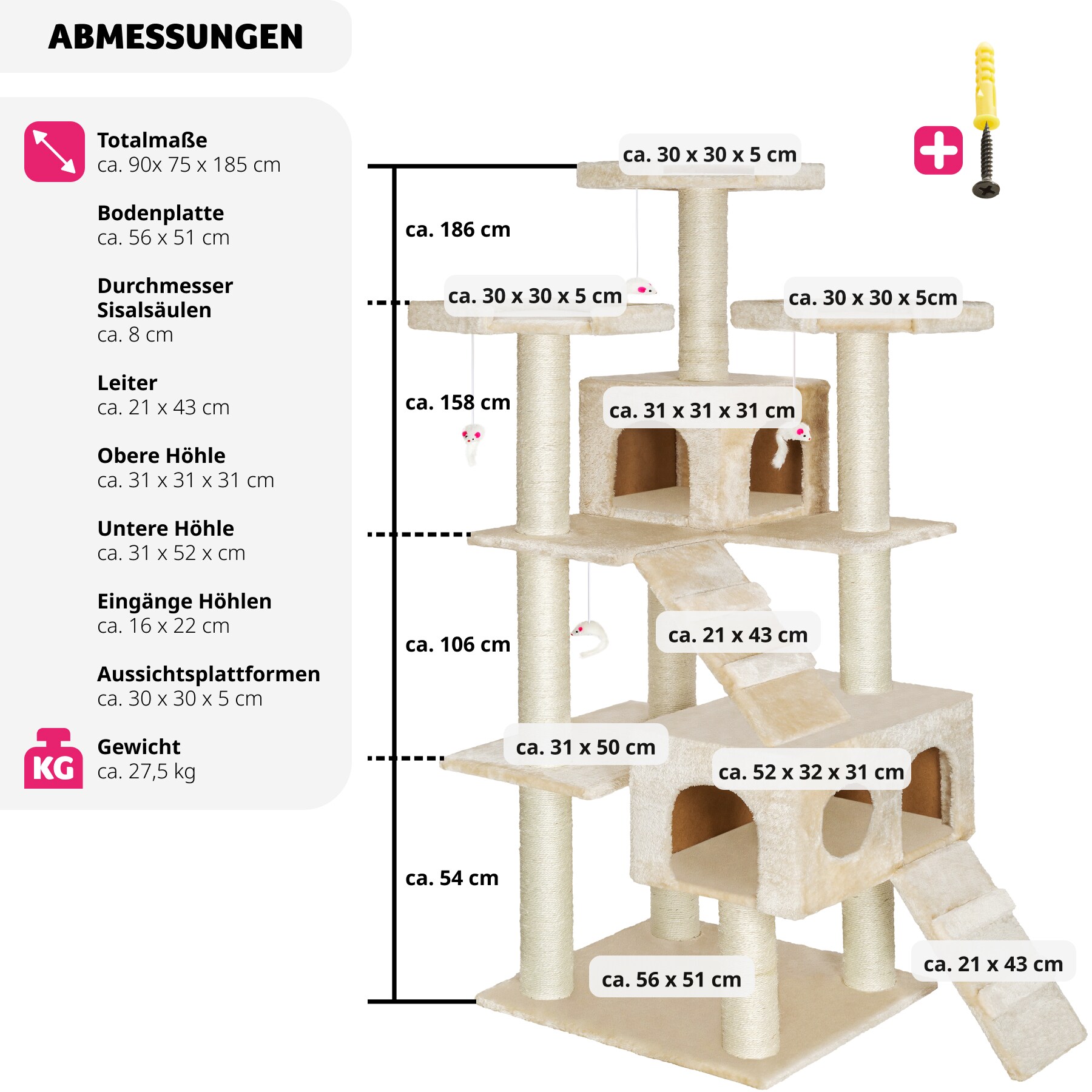tectake® Kratzbaum, 186 cm, mit 2 Katzenhäusern, inklusive 2 Treppen, 4 Spielmäusen und Kippschutz