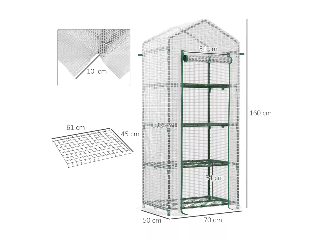 Serre de jardin balcon étagère serre 4 niveaux 0,7L x 0,5l x 1,6H m acier galvanisé bâche amovible PE haute densité blanc