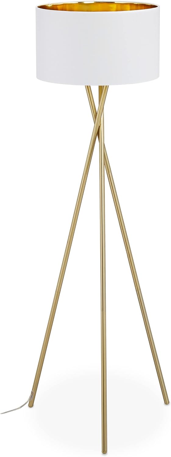 Relaxdays Dreibein Stehlampe, Tripod Lampe mit Stoffschirm, HxD 148,5 x 53,5 cm, E27 Fassung, Leinen & Metall, gold/weiß