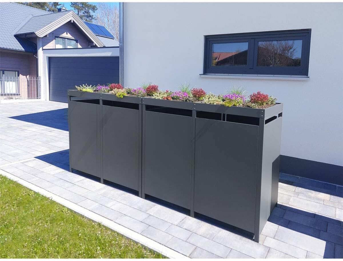 Metzler Mülltonnenbox in Anthrazit mit Pflanzdach 2er 240L, Mülltonnenverkleidung 2 Tonnen, witterungsbeständiger und pulverbeschichteter Stahl mit Automatikdeckel, abschließbar, Garten- und Müllbox
