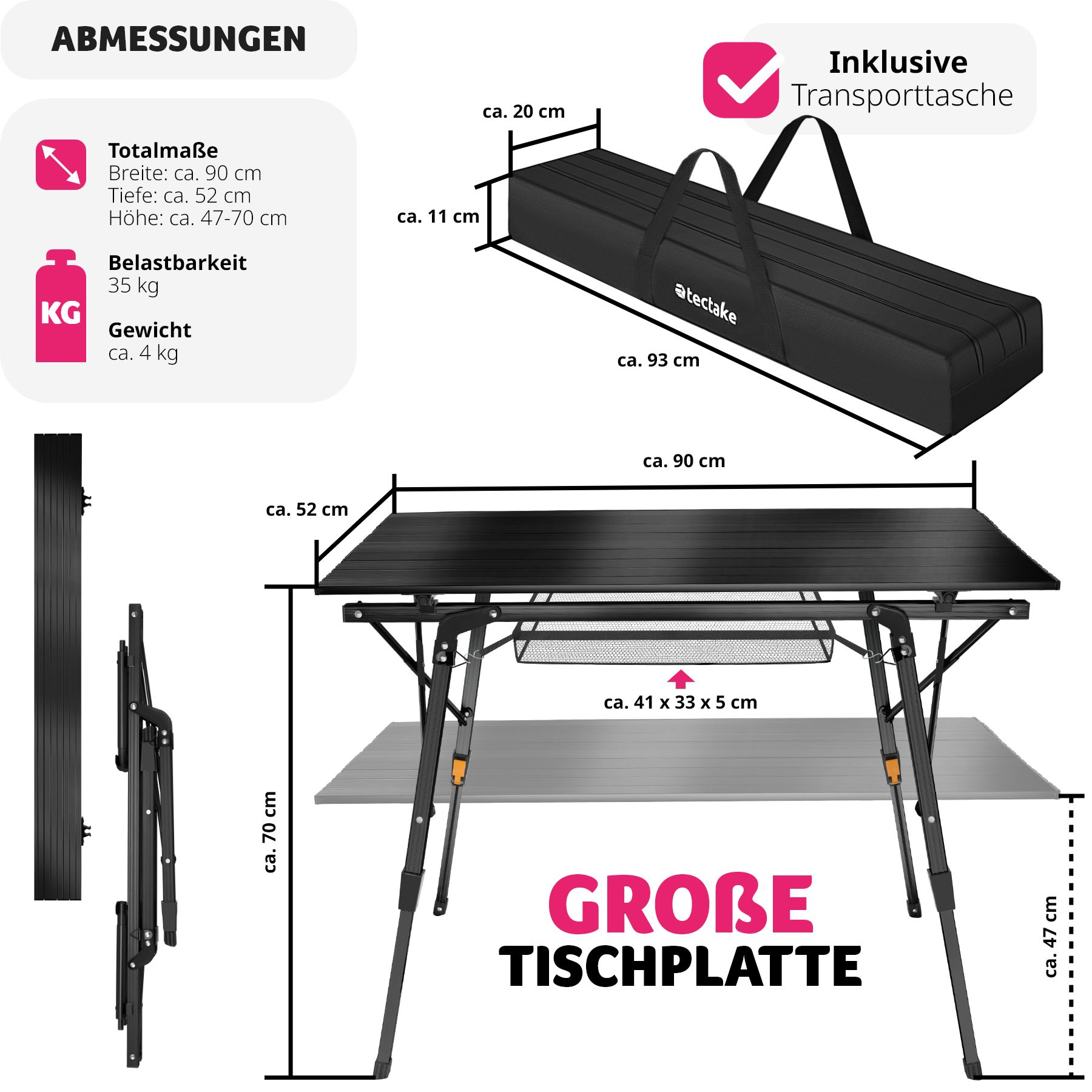 tectake® Campingtisch, faltbar, höhenverstellbar, 90 x 52 x 47 - 70 cm