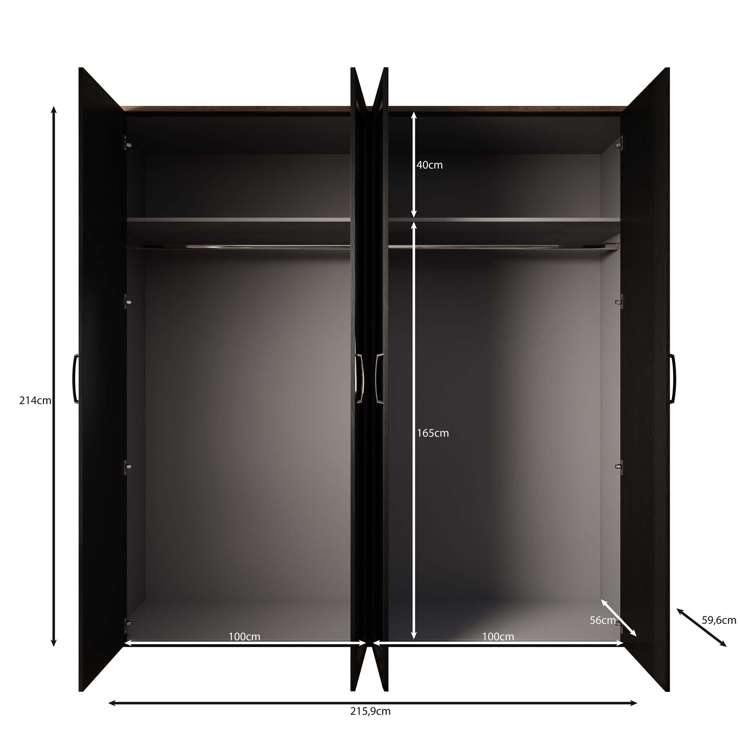 Borello - Kledingkast met 4 deuren - Zwart - 216x60x214 cm