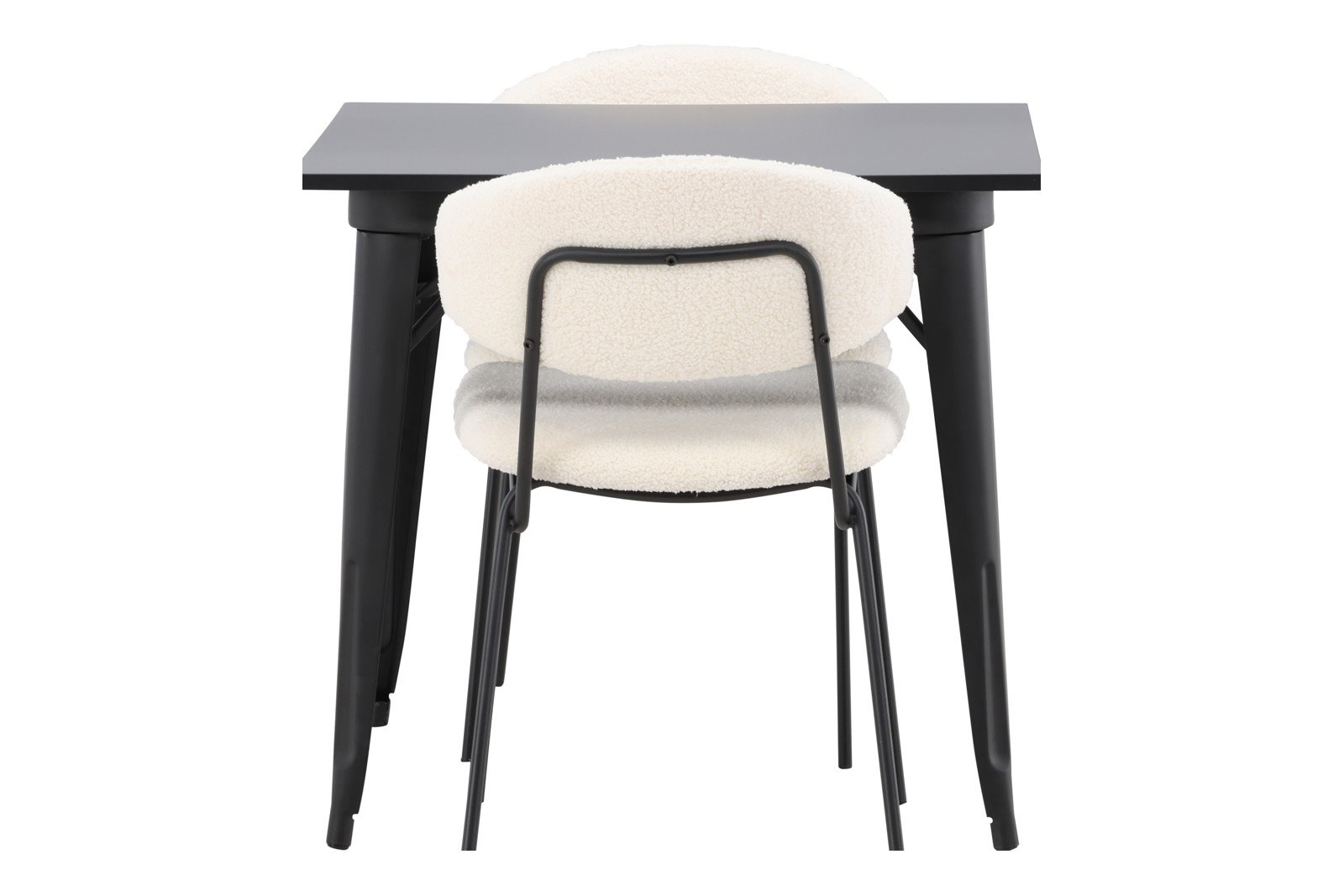 Tempe og Chico Spisegruppe Tempo spisebord 80x80cm i sort med 2 stk. Chico spisestoler i White bouclé og sorte ben.