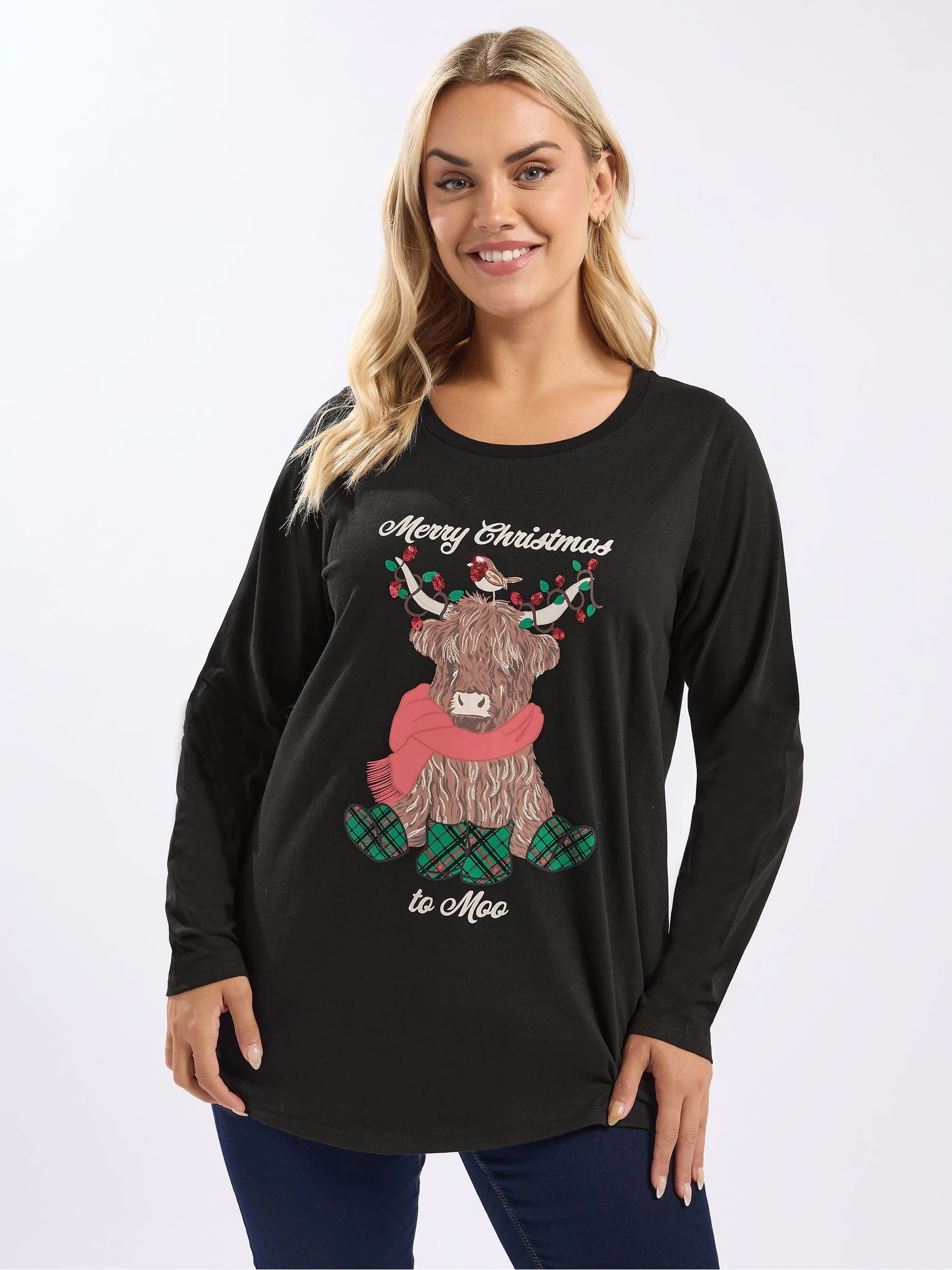 Yours Curve Highland Cow Lange Mouw Novelty T-shirt