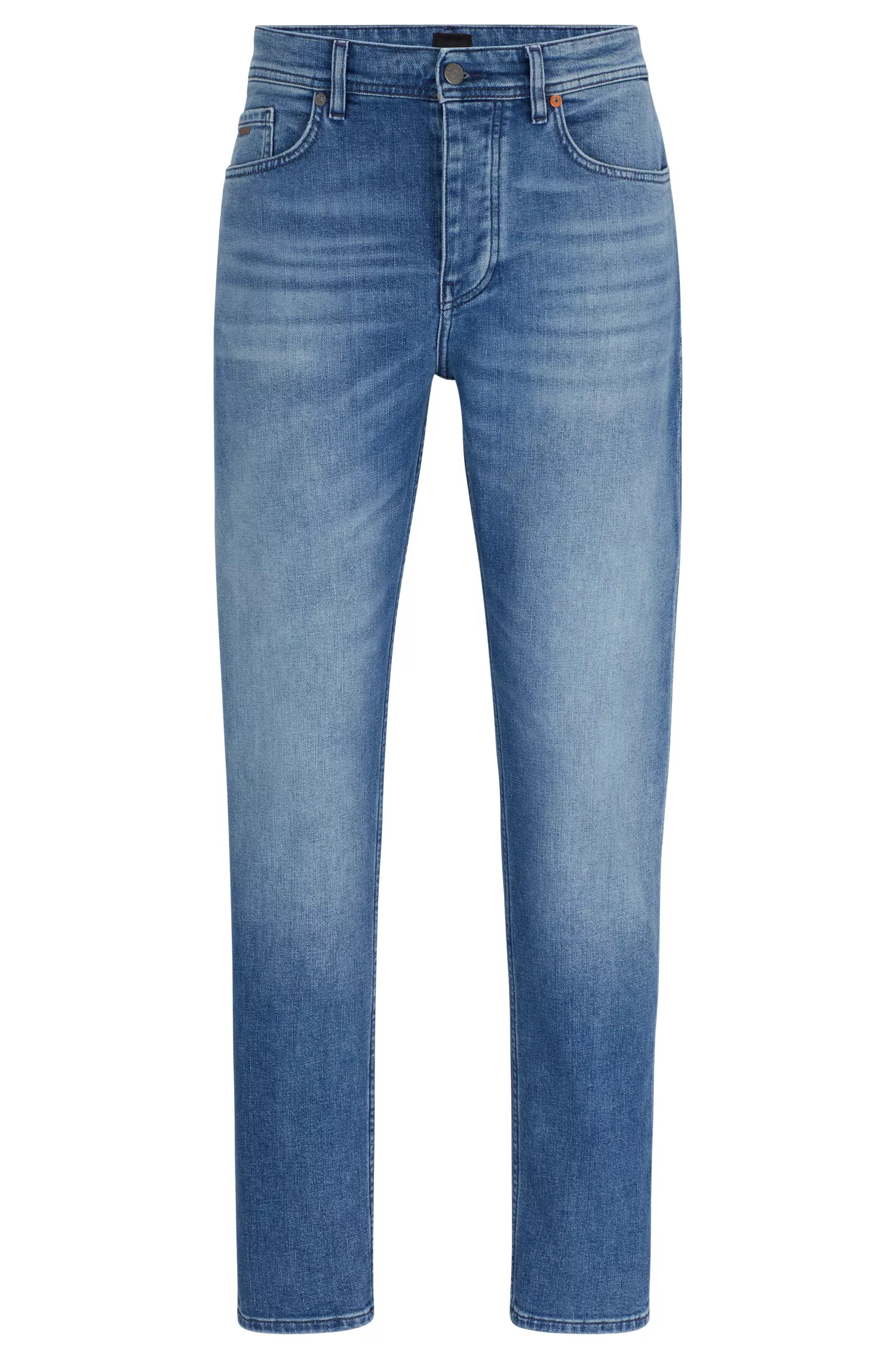 Calça jeans BOSS laranja, corte afunilado, em denim azul com elasticidade confortável.