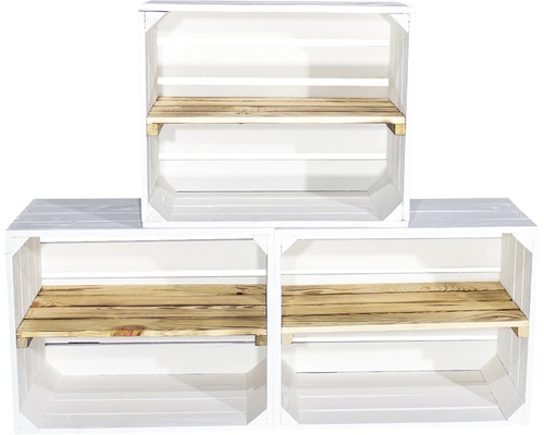 Vintage witte houten fruitkist met middenplank, 50x40x30 cm, set van 3