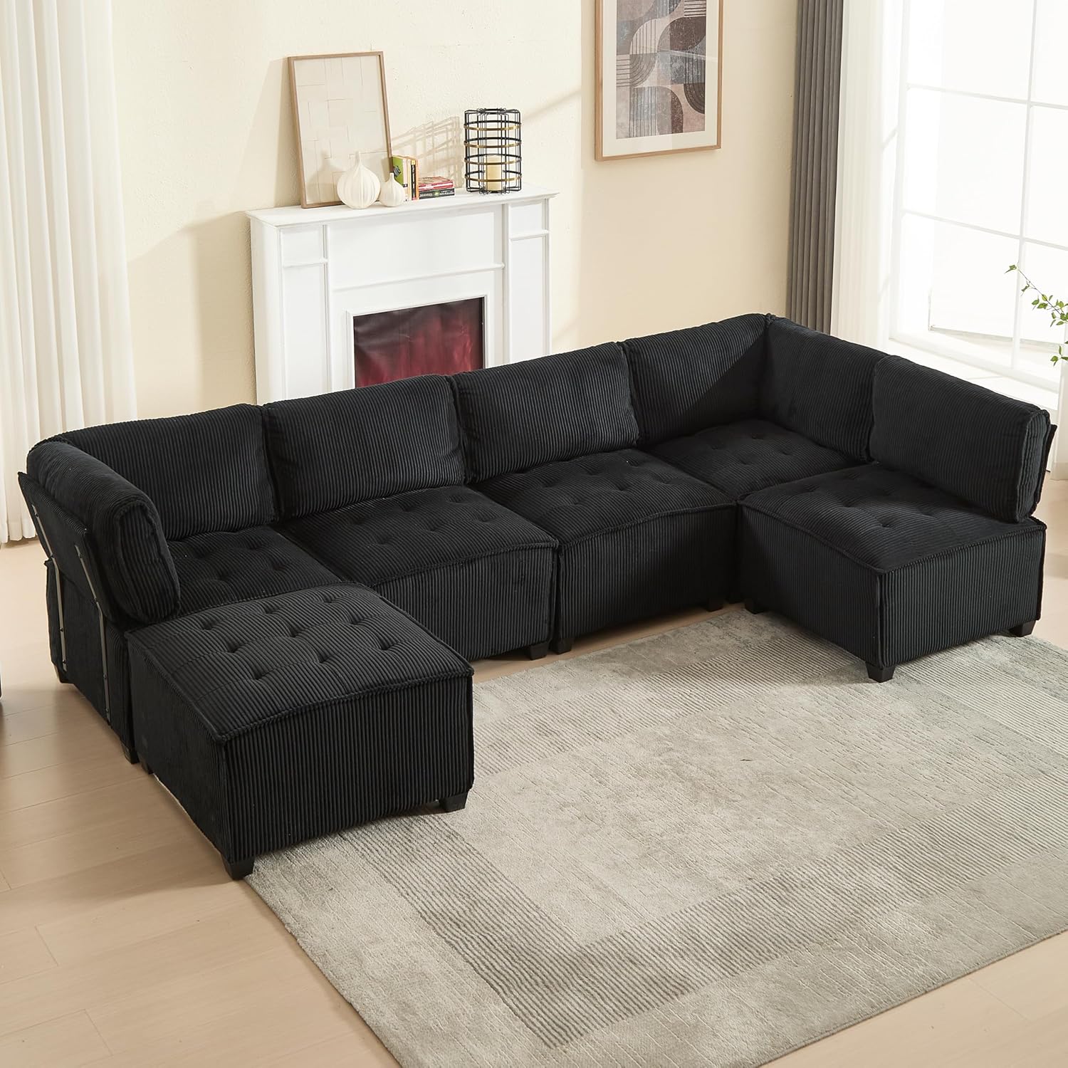 Modulares Sofa 6-Sitzer-Sofa, Ecksofa mit Schlaffunktion, Flexibel Sofa l/U Form mit Stauraumtaschen, Cloud Couch, Stabile Holz- und Metallstruktur, Ergonomisch, 308cm, Cordstoff, Schwarz