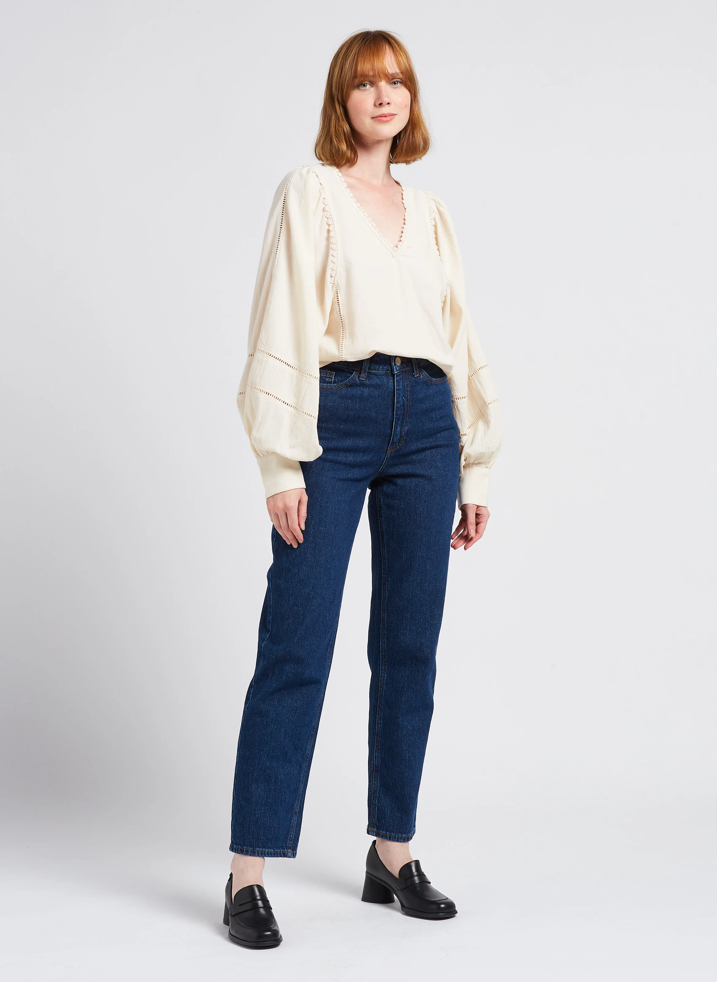 Jean droit à taille haute en coton délavé| Bleu