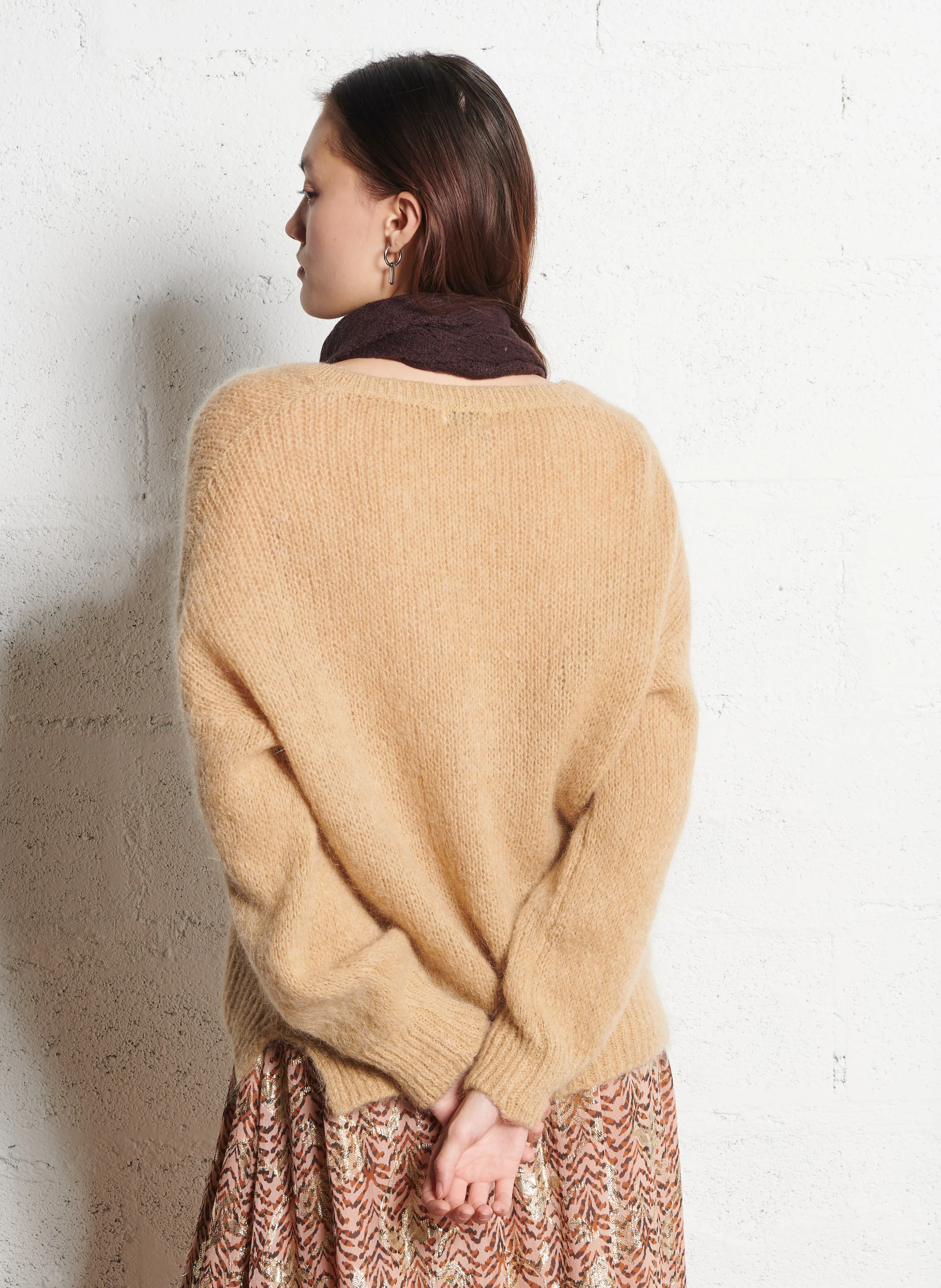 MELANIE - Pull oversize col V en laine mélangée | Beige