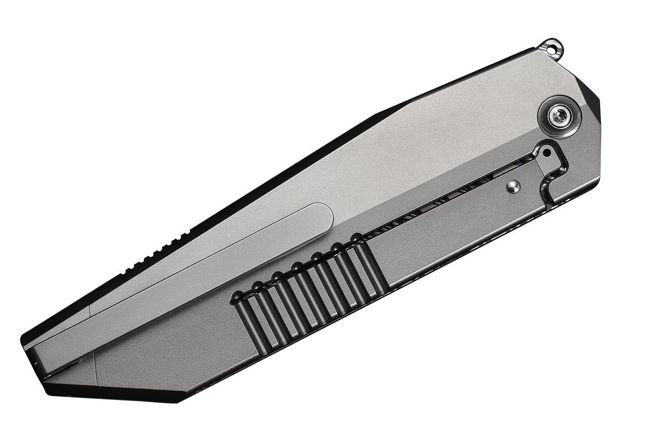 WE Knife Collinear WE22034D-DS1 Fafnir Damasteel, Polished Bead, Blasted & Satin Titanium, zakmes