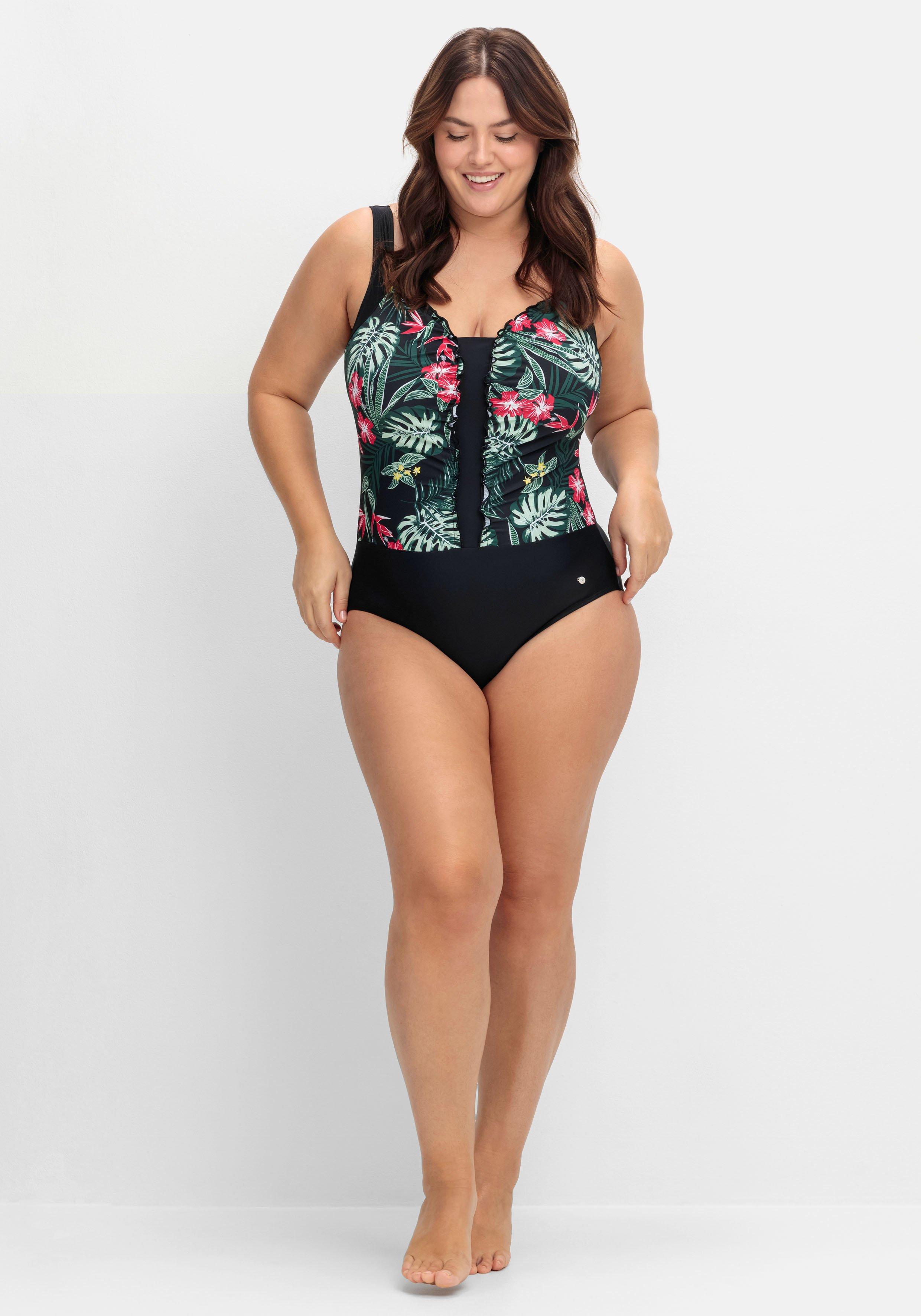 Badeanzug mit Rüschen und Tropical Print