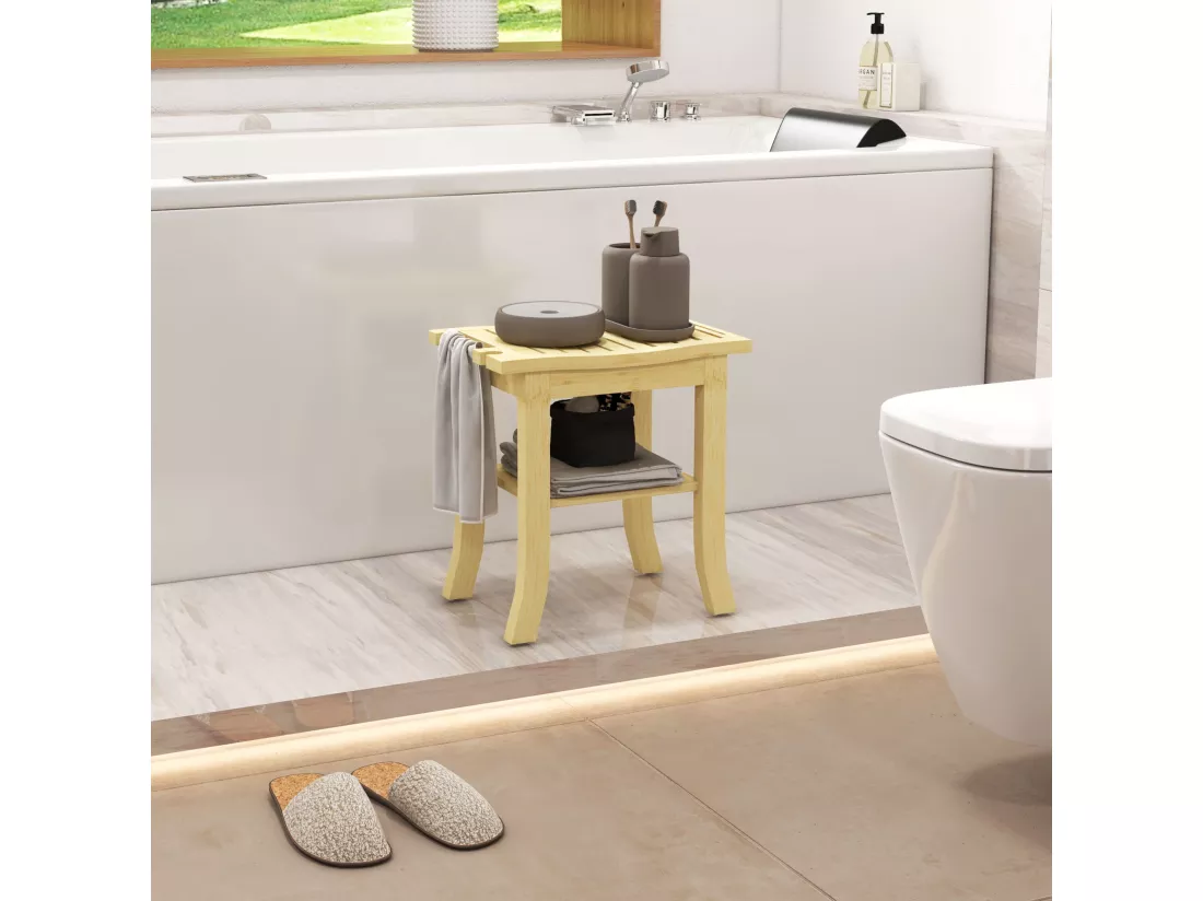 Tabouret de douche - étagère, porte-serviettes - dim. 42L x 29l x 43H cm - bambou verni