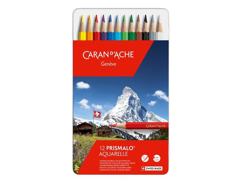 Caran d'Ache Farbstifte Prismalo 12 Stück Wasservermalbare Malstifte in robuster Metallschachtel