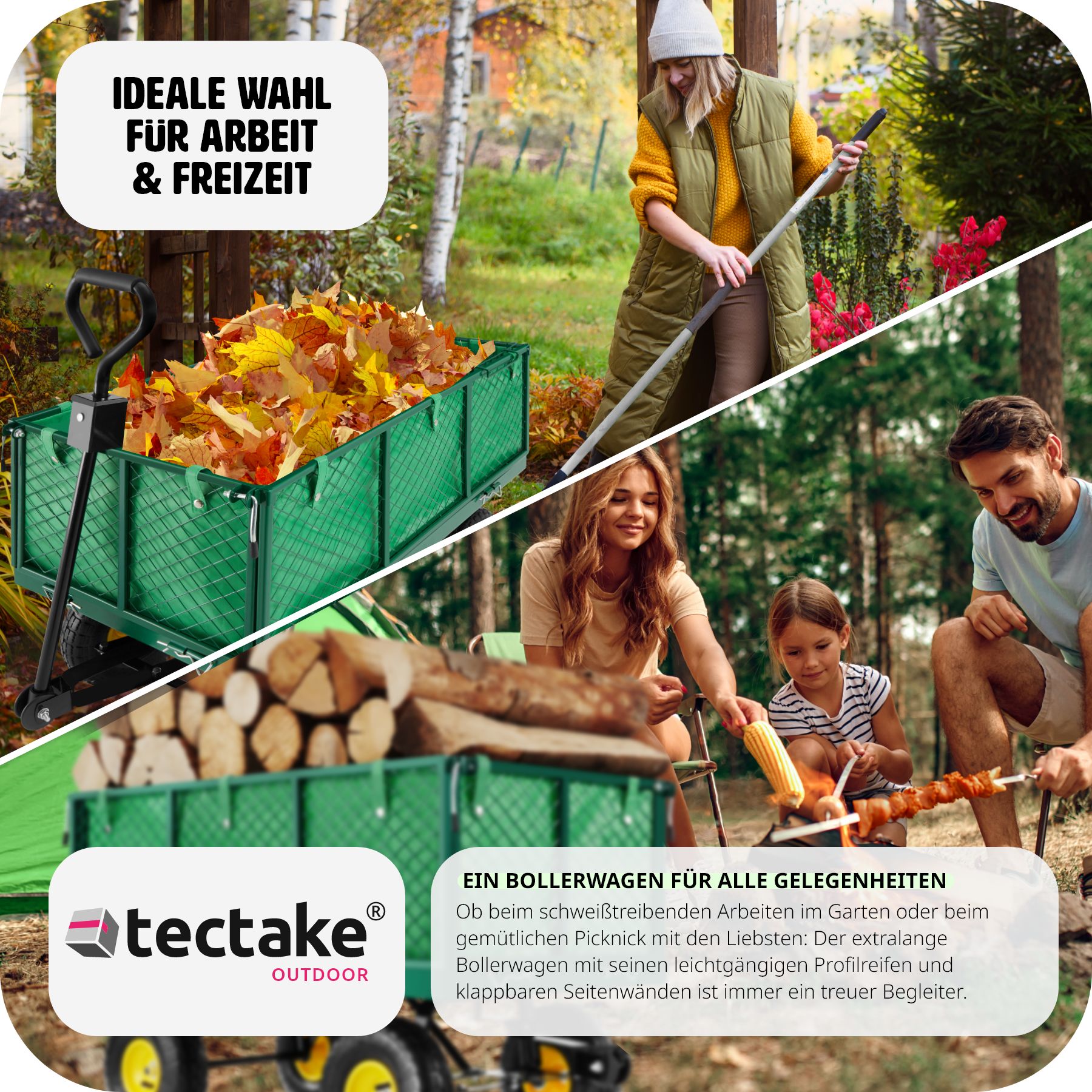 tectake® Bollerwagen, mit klappbaren Seitenwänden, leichtgängige Lenkachse mit gepolstertem Griff, Belastbarkeit 550 kg