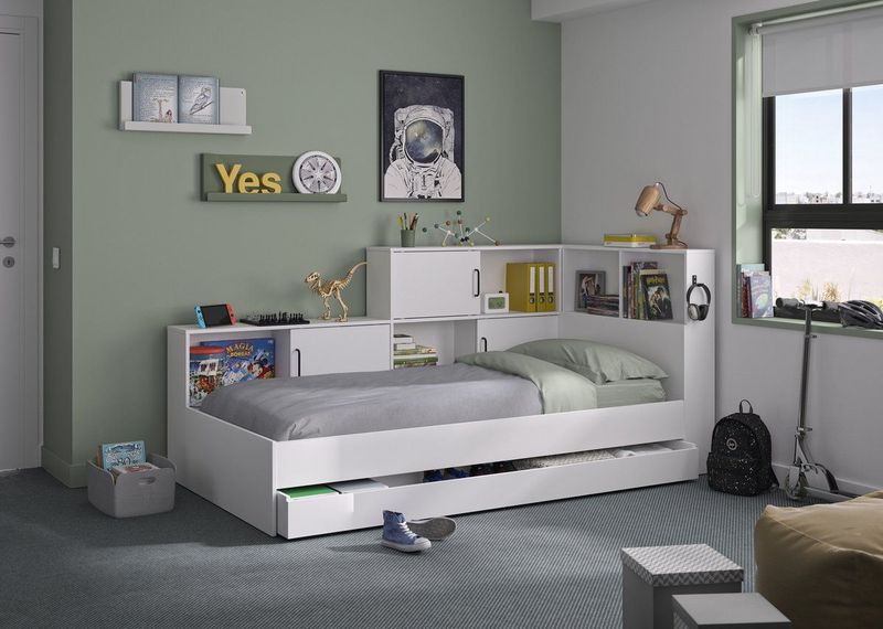 Erwan - Bed met Opbergruimte - Grijs/Wit - Spaanplaat