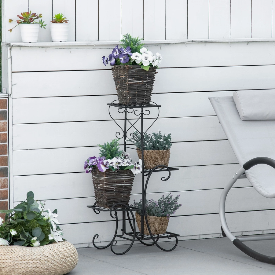Outsunny Blumenregal mit 4 Ebenen und Ornamenten schwarz
