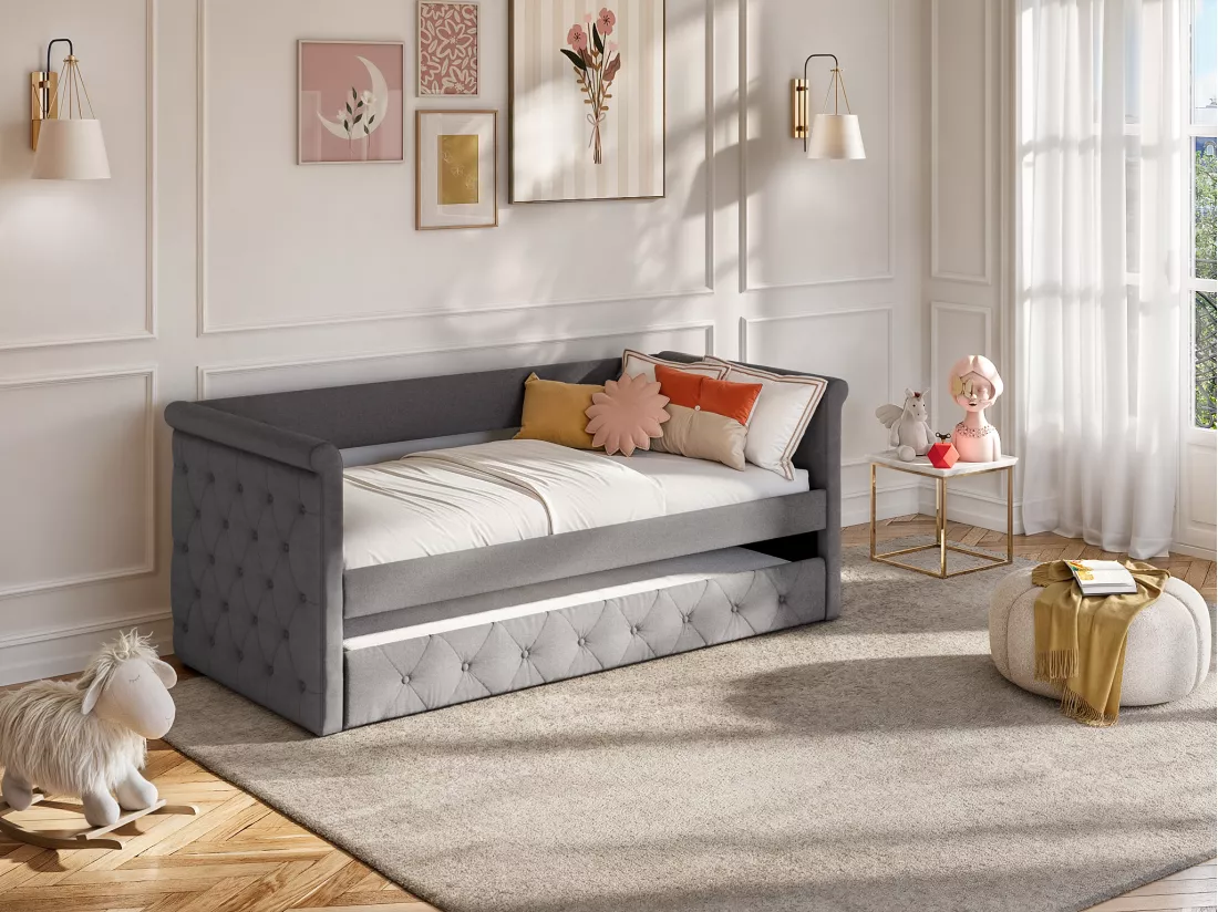 Lit banquette gigogne LOUISE - 2x90x190cm - Tissu gris + matelas
