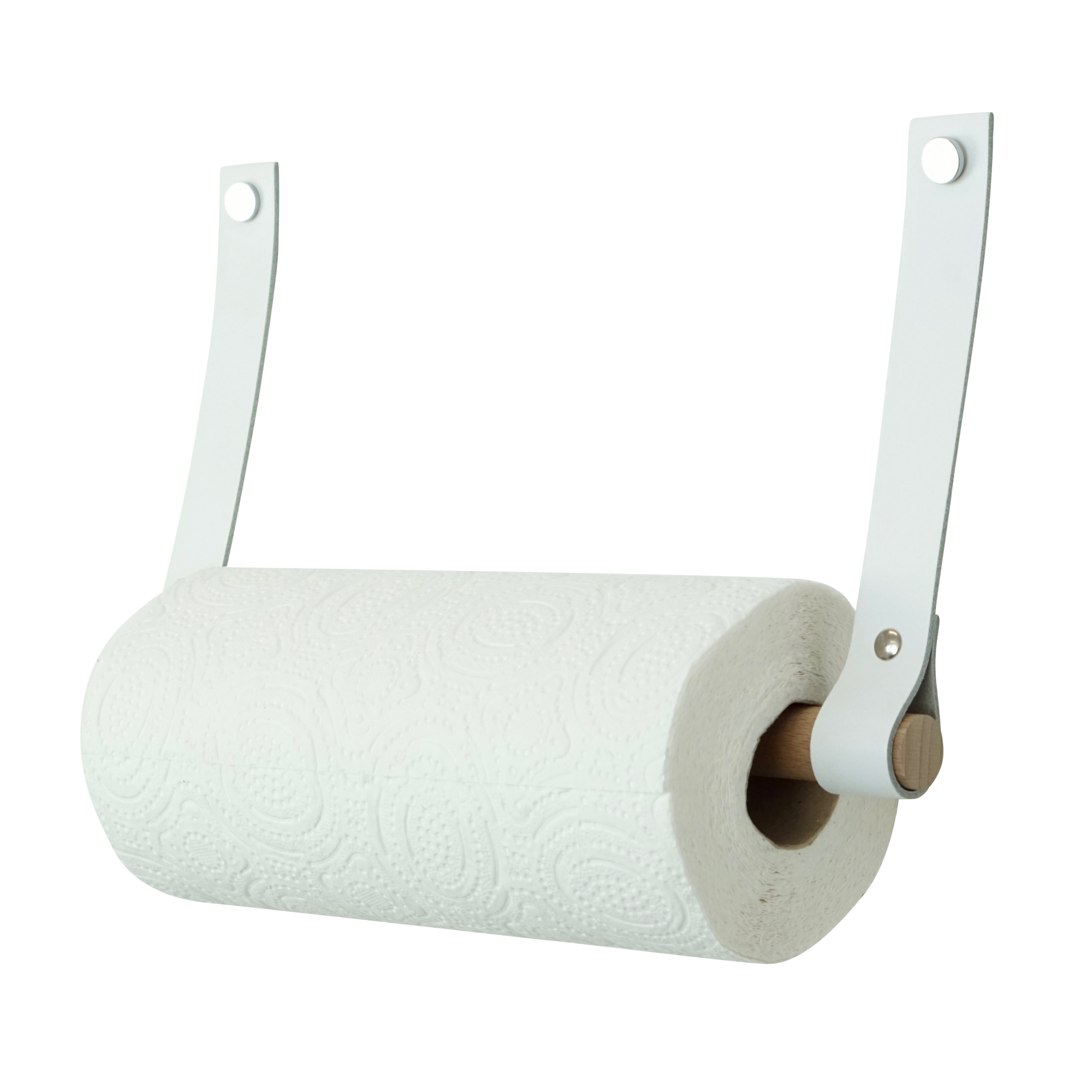 Leren keukenrolhouder (roldrager: rondhout) Wit