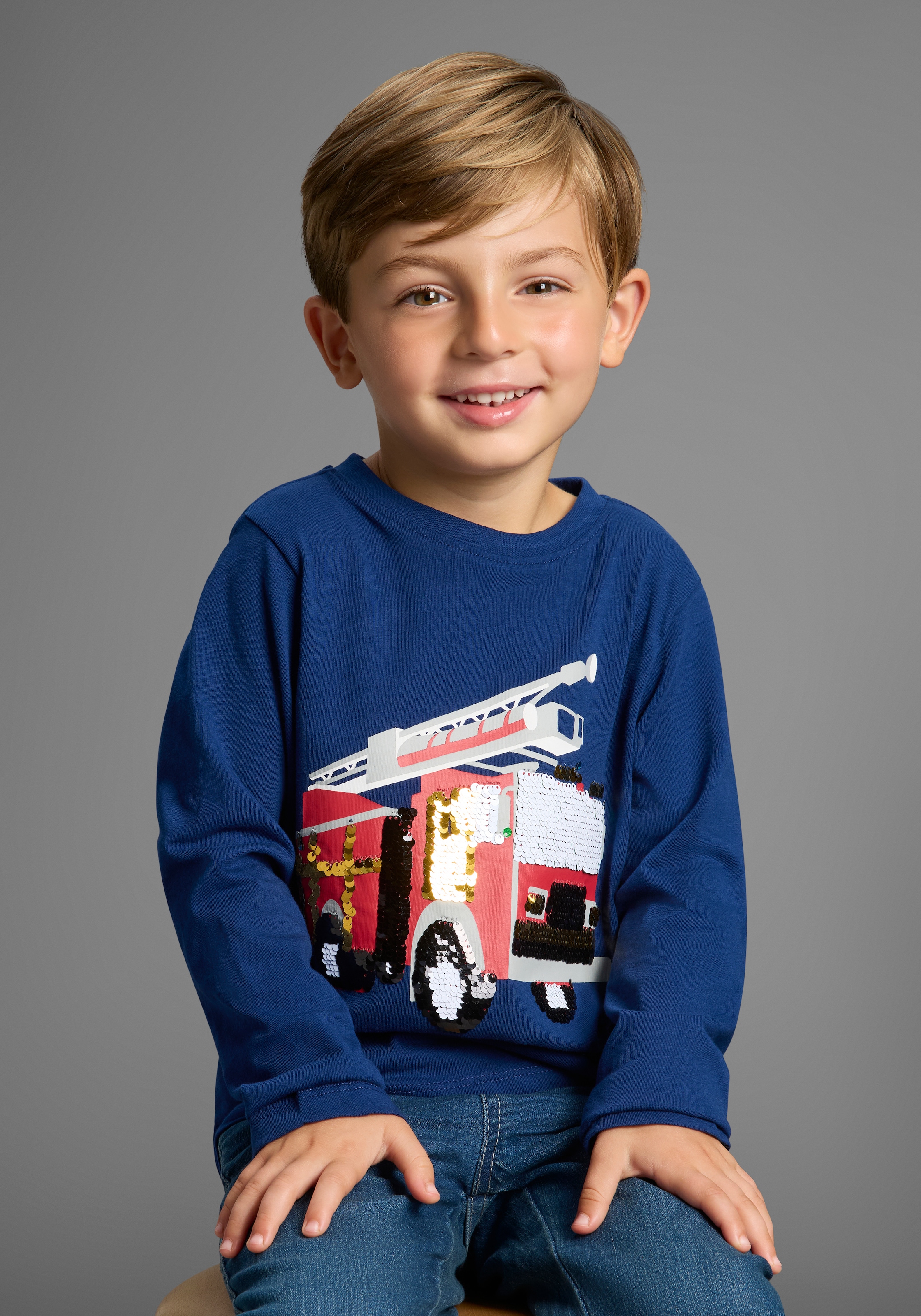 KIDSWORLD Langarmshirt »Feuerwehr Pailletten Shirt«, Feuerwehr Druck mit Pailletten