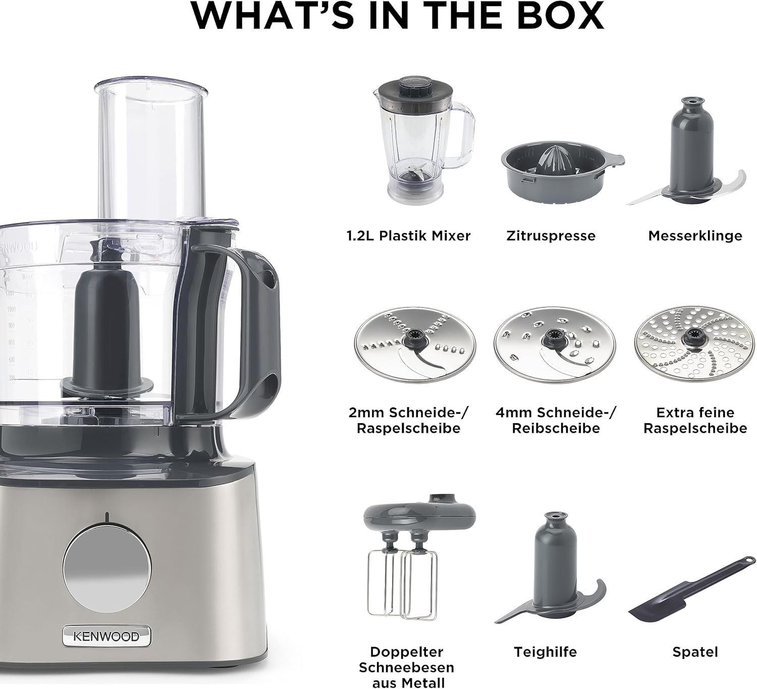 Kenwood Multipro Compact FDM301SS Kompakt-Küchenmaschine, 2,1 Liter, inkl. Edelstahl Messer, 3 Arbeitsscheiben und 4 weiteren Zubehör-Teile, Metallgehäuse, 800 Watt, Silber