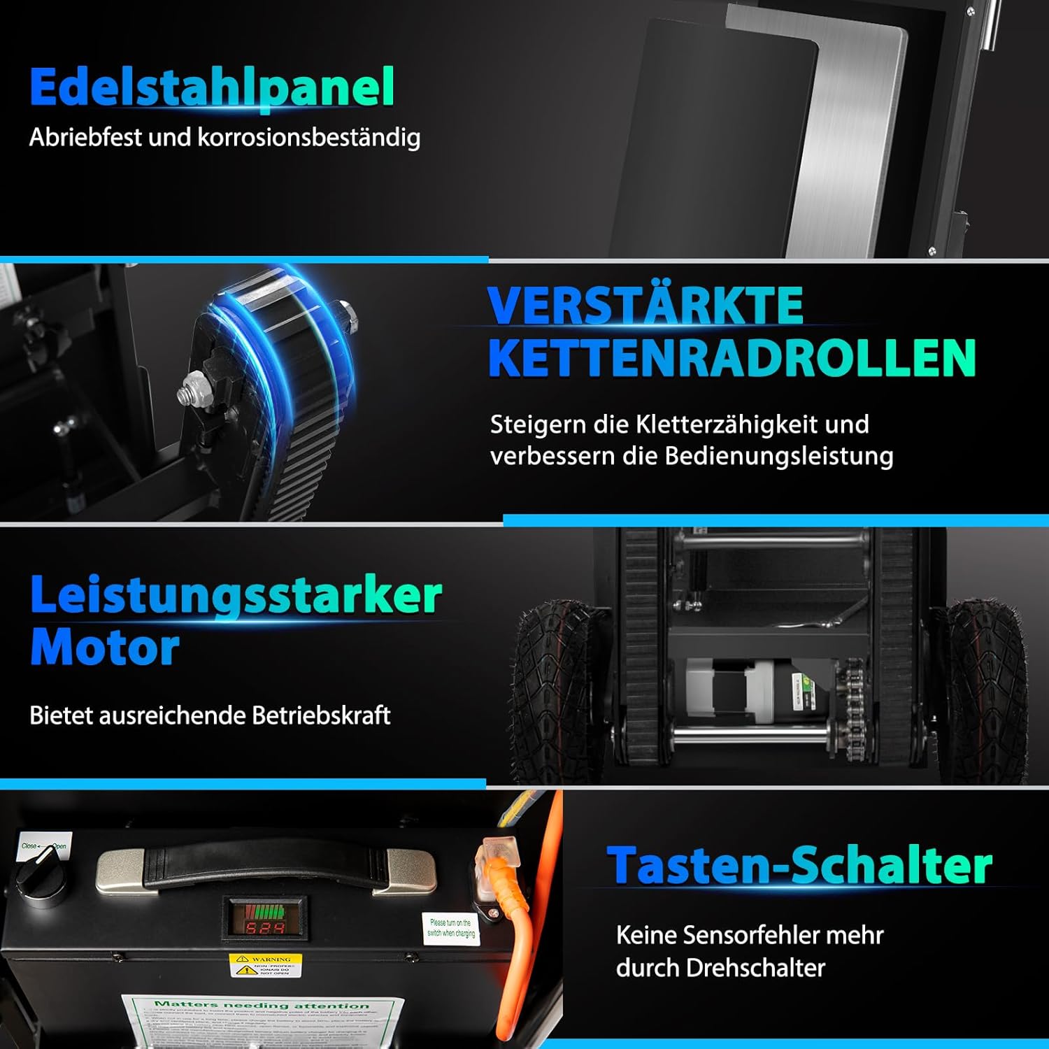 1250W Elektrische Sackkarre mit Gummiketten, Elektrischer Treppensteiger 900lbs Tragkraft, Treppen & Abstiege BewäLtigen, Schwere Treppensteiger mit Sicherheitsseil & Luftpumpe für Möbeltransportieren