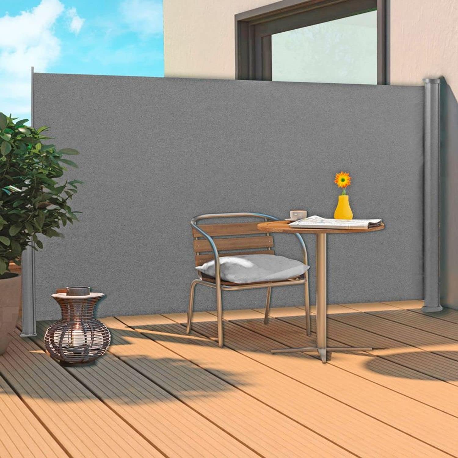 ausziehbare Seitenmarkise in grau Sichtschutz Windschutz Sonnenschutz Seitenrollo Markise 300x160cm Stoffwand Privatsphäre im Garten