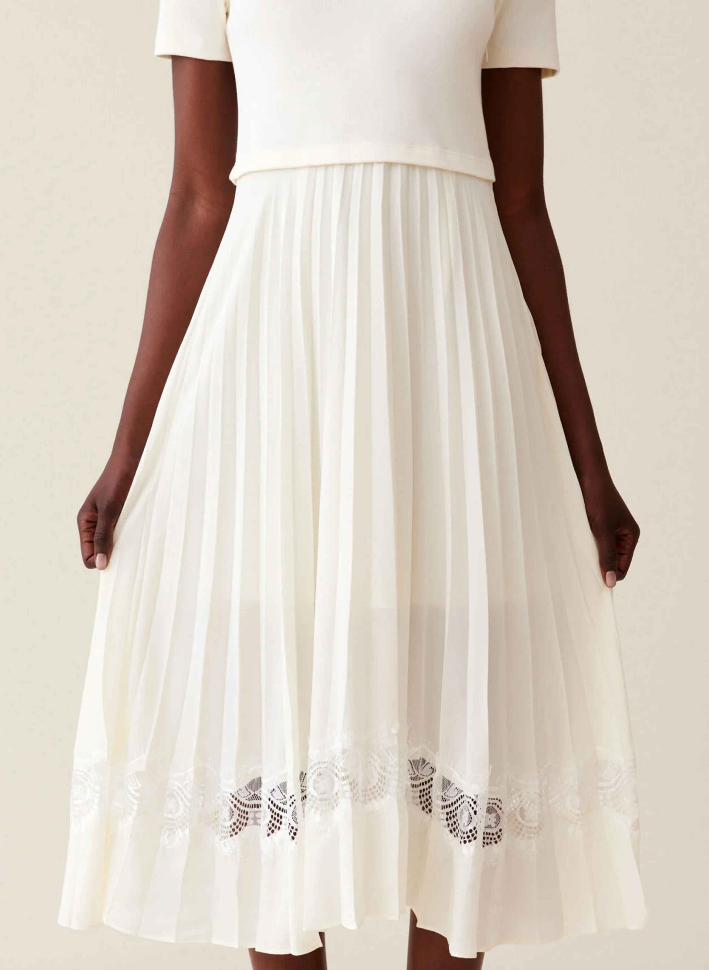 Robe midi col rond bi-matière plissée en coton| Blanc